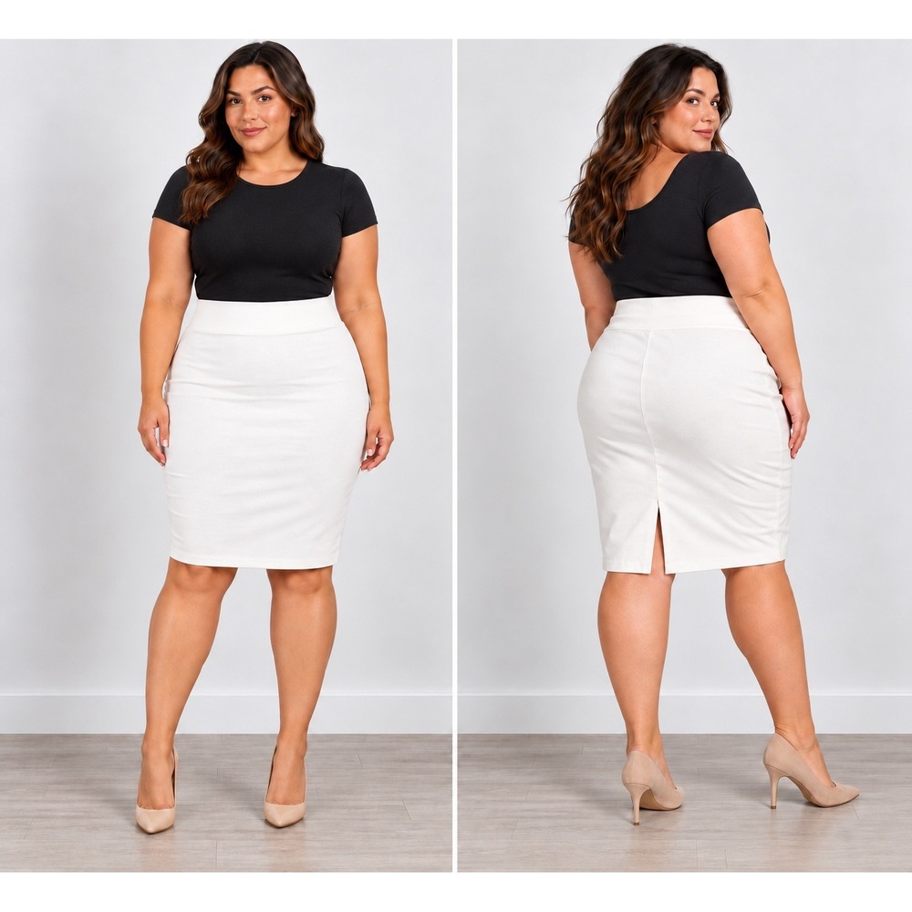 Hybrid & Company 2X Ivory Stretch Pencil Skirt, Knee Length, Back Slit